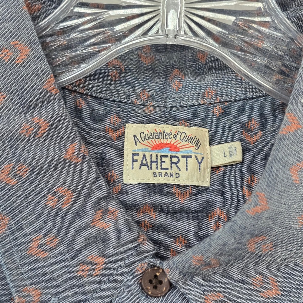 Faherty Button Down Mens Large Blue Indigo Geometric Short Sleeve Shirt - Picture 5 of 9